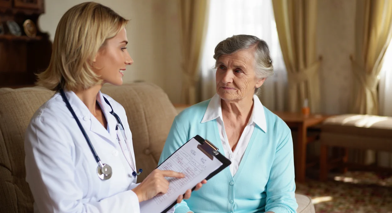 Врач терапевт на дому проводит осмотр пожилой пациентки